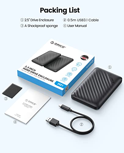 Image of ORICO 2.5 inch Hard Drive Enclosure USB C to SATA III for 2.5 Inch SSD & HDD 9.5mm 7mm External Hard Drive Enclosure Support Max 6TB with UASP Compatible with WD Seagate Toshiba Samsung Hitachi(2521C3)