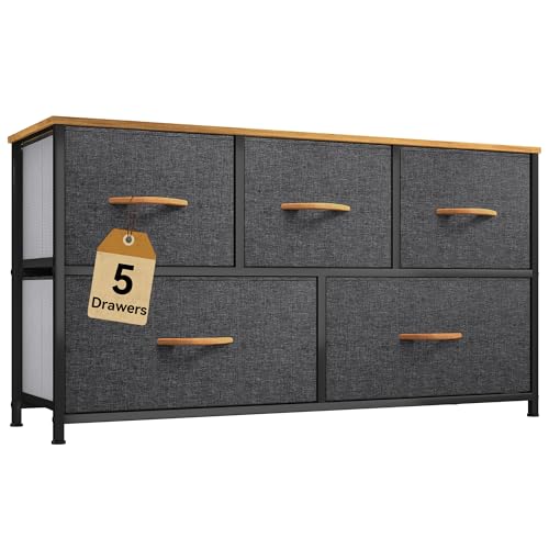 DWVO Dresser for Room with 5 Drawers - Fabric Storage Tower, Long Fabric Dresser, Organizer Unit for Closet, Hallway