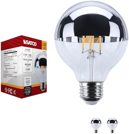 Satco LED G25 Globe Bulb 5.5W 60W Equivalent 2700K Warm White 90+ CRI Silver Crown Medium Base 120V Dimmable – Part S12541 (2 Pack)