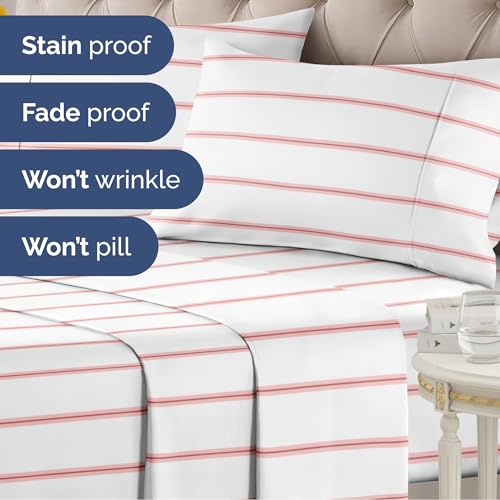 Image of Twin 3 Piece Striped Sheet Set - Soft, Breathable & Cooling - Red Stripe