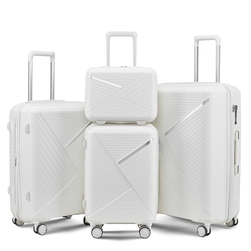 Luggage Sets(14in/20in/24in/28in) with 4 Double 360 Degrees Mute Spinner Wheels Hard Shell Expandable Luggage 4-Piece Set Lightweight Suitcase with TSA Lock PP Materials Durable White