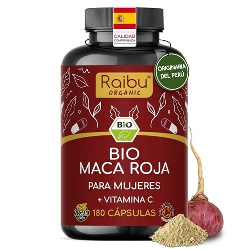 Maca Roja BIO Peruana - 180 cápsulas de Maca Roja con vitamina C - Vitalidad y equilibrio femenino - 3.200 mg por dosis diaria (equivalente a 12.800 mg de raíz de Perú) - Certificada ecológica