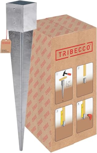 TRIBECCO Soporte para postes de madera, 121 x 121 mm, longitud 900 mm, galvanizado en caliente, manguito de impacto para postes de madera cuadrados, anclaje de acero, anclaje de suelo