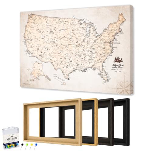 Image of IPIC Personalized Vintage Framed USA Map Pin Board, Image Size 24x28 in