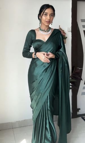 SATAZ Women's Ready to Wear Castleton Green Plain Satin Silk One Minute Stitched Saree with Unstiched Blouse