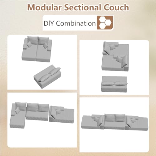 Image of Oversized Modular Sectional Sofa Couch, Large 4 Seater Corner Sofa Modern U Shaped Sectional Couch Cloud Couches for Living Room, Office, Spacious Space, Corduroy,No Assembly Required, Light Grey