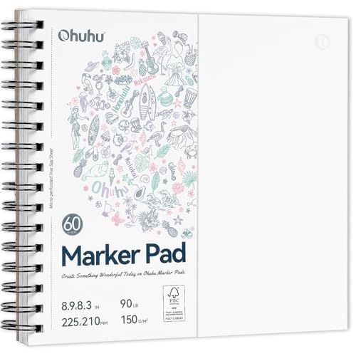 Ohuhu Double-Sided Marker Pad Art Sketchbook Bleedproof - 8.3"x8.3" Square Paper Size - 90 lb/150 GSM Smooth Drawing Paper - 60 Sheets/120 Pages, Spiral Bound Sketching Book for Alcohol Mark