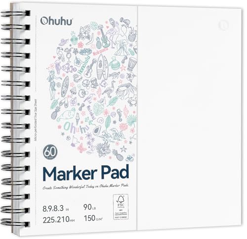 Image of Ohuhu Marker Pads Art Sketchbook Bleedproof - 8.9x8.3 Square Paper Size - 90LB /150GSM Smooth Drawing Paper - 60 Sheets /120 Pages, Spiral Bound Double Sided Sketching Book for Alcohol Markers Christmas