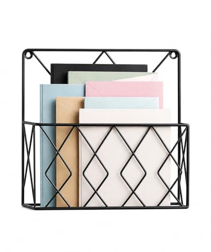Image of Wall Mounted Metal Magazine Holder | Hanging File Organizer for Documents, Magazines, Newspapers & Mail | Decorative Storage Rack for Home, Office & Workspace | Black
