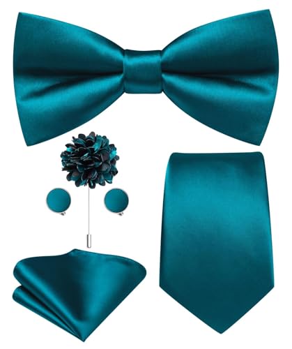 Image of Hi-Tie 5Pcs Mens Solid Color Silk Tie Satin Pretied Bowtie Lapel Pin for Men Handkerchief Cufflink Wedding Gift Box