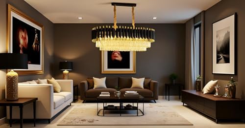 Image of DREAMY DESIGNS Chandelier Lights for Ceiling Black Gold 600 * 300 MM 3-Tier K9 Glass Crystal Chandeliers for Living Room Smart 3 Mode LED Light Plate Modern Jhumar Designer Bedroom and Dining Room