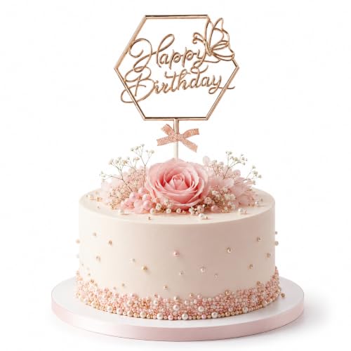 Image of Wanna Party Happy Birthday Cake Topper, Rose Gold Hexagon Frame with Butterfly & Bow, Birthday Cake Decoration Pick for Kids, Adults, Party Cakes & Dessert Table - 1PC