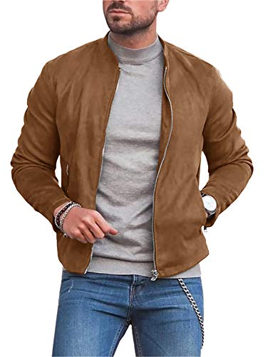 Makkrom Mens Suede Bomber Jackets Slim Fit Lightweight Zip Up Varsity Baseball Jacket Outwear Brown