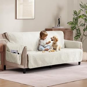 Quilted Sofa Slipcovers with Pockets, Anti-Slip Medallion Designed Couch Covers for 3 Cushion Sofa, Couch Cover for Dogs Cats Water-Repellent Machine Washable (Large Sofa 68″, Ivory White)