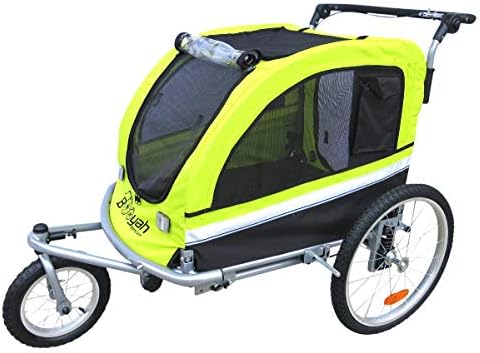 Booyah Large Pet Bike Trailer Dog Stroller & Jogger with Shocks Non Tipping. Green/Yellow