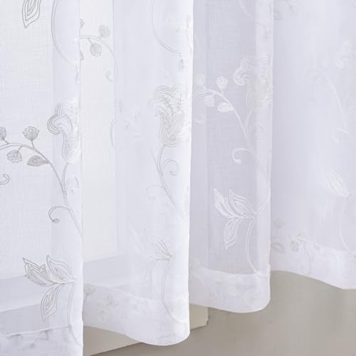 Image of White Sheer Curtains Embroidery 63 Inch Length Rod Pocket Voile Drapes for Living room, Bedroom, Window Treatments Semi Flower Pattern Curtain Panels for Kitchen, Yard, Farmhouse, Set of 2, 52 inchx 63 inch.