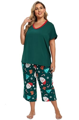 Image of Vozanet Women's Pajamas Set Soft V Neck Sleepwear Top and Capri Pj Lounge Sets Cartoon Heart Shape Cat Nighty Plus Size