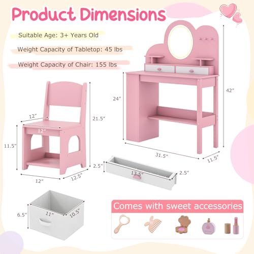 Image of Costzon Kids Vanity, Girls Vanity Set with Lighted Mirror, Bookshelf, Drawers, Hooks & Storage Shelves, Toddler Makeup Vanity Desk Dressing Table, Wooden Kids Vanity Table and Chair Set (Pink)