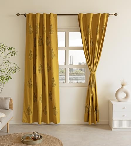 Image of THE LINEN COMPANY Cotton Duck Canvas Curtains 6 Feet Long, Printed Leaf Curtains for Door & Window, 6ft Set of 2, Blue Leaf on Mustard