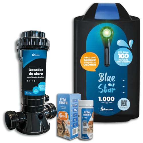 KIT Completo Gerador de Ozônio Blue Star 1000 com Dosador de Cloro e Fita Teste Para Piscina de até 25.000 Litros