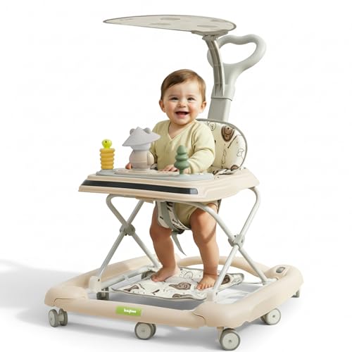 Image of Baybee 3-in-1 Baby Walker for Kids 6 to 18 Months with Rocker Mode, Removable Toy Bar, Adjustable Height, Inbuilt Music, Sunshade & Smooth 360 Wheels | Easy Folding Walker for Boys & Girls (Beige)