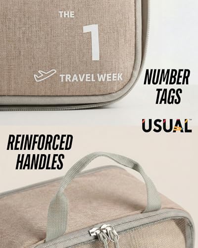 Image of USUAL Compression Packing Cubes for Travel Set of 6, Travel Organizer Pouches for Clothes, Luggage Organizer & Suitcase Storage Bags with Shoe Bag, Toiletry Pouch, Packing Cube Set, Beige
