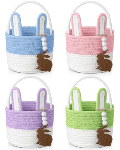 Image of SiliFine 4 Set Easter Baskets Easter Bunny Basket with Name Tag Rabbit Ear Easter Stuffer Basket Rustic Woven Round Storage for Kid Girl and Boy Gift Baby Shower Party Decoration Supplies