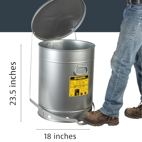 Image of Justrite 21 Gallon Galvanized Steel Oily Waste Can, 23.5 inch x 18 inch Metal Oil Rag Safety Can with Quiet Foot Operated Self-Closing Lid for Oil Rag Disposal, Made in The USA, Silver, 09704