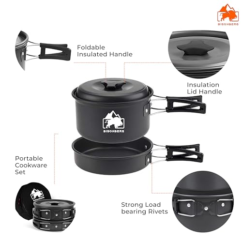 Image of BISONBERG 8 Pcs Camping Cookware Set, Mess Kit, Camping Accessories for Outdoor, Camping Utensils with Carry Bag, Camping Bowl Pot Pan Set - Nonstick Aluminum - for 2 People
