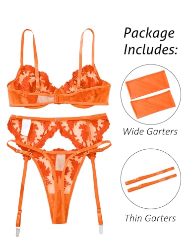 Image of Lilosy Sexy Leaf Floral Embroidered Mesh Sheer Women Underwire Push Up Lingerie Set
