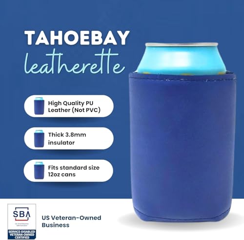 Image of TahoeBay Leatherette Can Cooler Sleeves in Bulk, 12-Pack, Blue | Blank Faux Leather, Plain Neoprene Beer Coolers for 12 oz Cans, Blanks for Heat Transfer Vinyl, Groomsmen Gifts, Party Favors