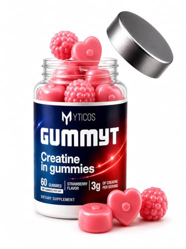 MYTICOS Gummyt Creatine Gummies 3000mg | Creatine Monohydrate | Strawberry Flavor | Sugar Free | No Powder No Mess | 60 Gummies | Muscle Recovery & Strength for Men & Women