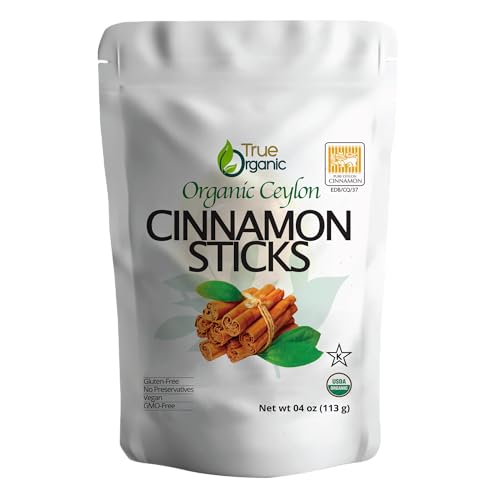 True Organic Ceylon Cinnamon Sticks, 04 Ounces, USDA Organic & Kosher Certified, Non-GMO, Ceylon Cinnamon Stick, Pure Ceylon Quality.