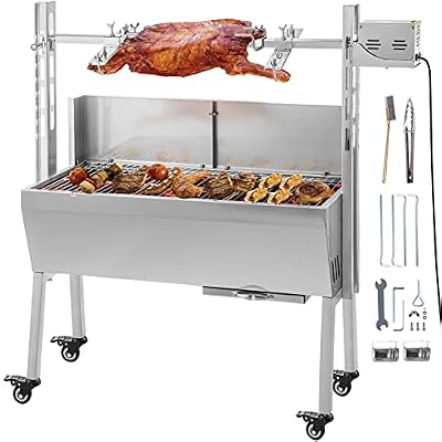 VEVOR 50W Stainless Steel Rotisserie Grill Roaster with Back Cover Guard,46 Inch BBQ Small Pig Lamb Rotisserie Roaster, Max Capacity 90 Lbs Rotisserie Roaster Grill for Camping Outdoor