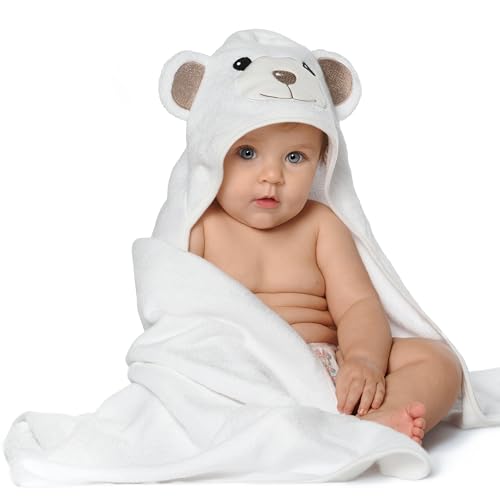 Image of MINIBOO Hooded Baby Towels for Newborn - Super Soft Baby Bath Towels with Hood, Highly Absorbent Viscose Made from Bamboo Hooded Towel for Infant, Toddler and Kids, Baby Essentials