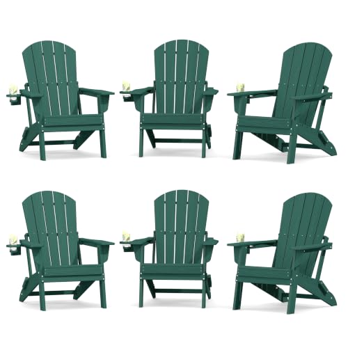 Image of Plawdlik Folding Adirondack Chair Set of 6 with Cup Holder,Wooden Textured ,Heavy All-Weather HDPE Comfortable Set Poolside Backyard Lawn, Green