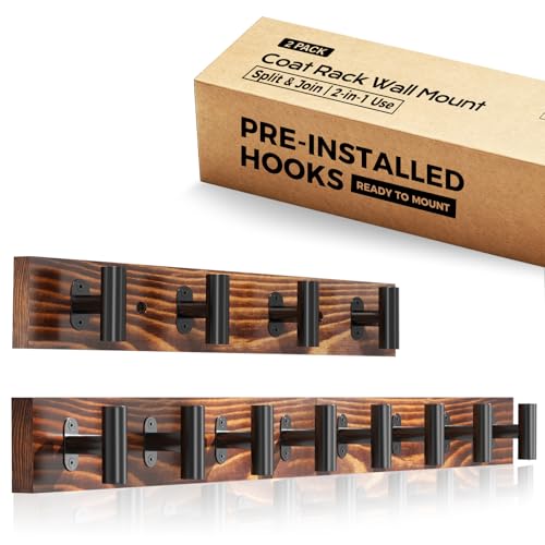 Orapoke Coat Rack Wall Mount 2 Pack with 8 Pre-Installed Metal Hooks, Rustic Pine Solid Wood Coat Hanger Wall Mount for Entryway & Living Room, Coat Hooks for Hanging Jacket, Hat, Backpack (32.3")