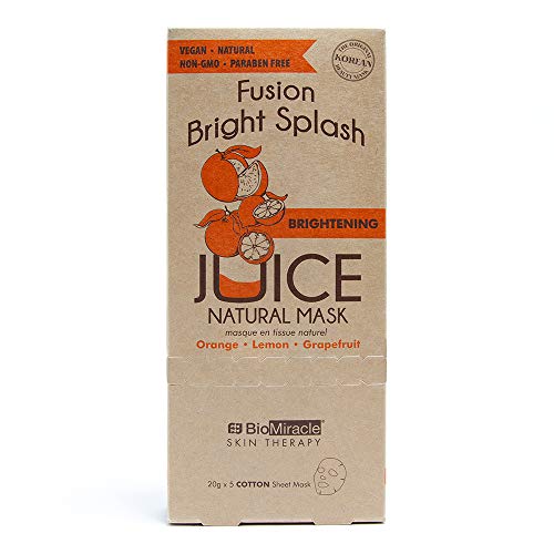 BioMiracle Fusion Bright Splash Brightening Juice Natural Mask, Skin Firming Cotton Sheet Mask with Orange, Lemon, and Grapefruit, to Brighten Skin, 5 Pack
