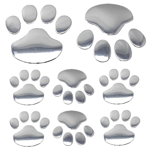 AEIOPRS Lot de 8 Autocollants 3D chromés avec Empreintes de Pattes de Chien pour Voiture Argent