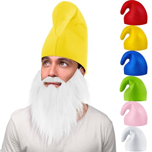 Jadive Zwerg Kostüm Set Zwergenmütze mit Zwergenbart Weißer Bart Karneval Wichtelmütze Weihnachtsmann Zipfelmütze Elfenmütze Lustiges Kostüm Zubehör für Erwachsene Halloween Weihnachtskostüm(Gelb)