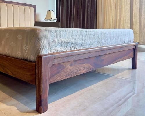 Image of Sheesham Wood Modern Platform Bed with Upholstered Head Board, Solid Wood in Natural Finish, Modern Design | Queen Size - (78 inchx60 inch) | Without Mattress & Side Tables | Low Highted