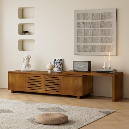 LUMISOL Extendable TV Stands for Living Room, Media Extendable Console TV Table for TVs up to 75” Farmhouse Entertainment Cabinet with Doors and Adjustable Shelves, Brown Ebony