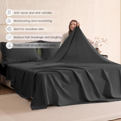 THXSILK Silk Sheet Set 4Pcs, 6A+ Top Grade 100% Natural Mulberry Silk Bed Sheets, Bedding Sets Ultra Soft Durable Safety Material, 1 Fitted Sheet, 1 Flat Sheet and 2 Pillow Shams (Queen, Black) - Image 4