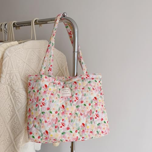 Image of Floral Quilted Cotton Shoulder Bag for Women Medium Size Handbag Large Capacity Thickened Design Tote