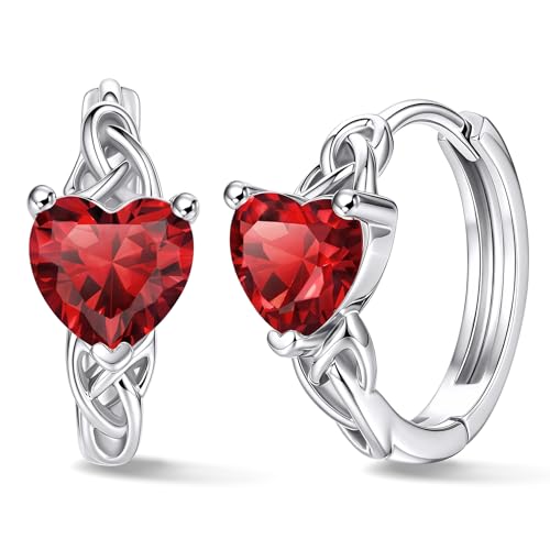 Bestyle 925 Sterling Silver Huggie Hoop Earrings Small Celtic Birthstone Earrings for Women 5mm January Granet Earrings Small Silver Huggie Hoop Earrings