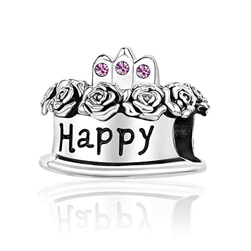 Image of Birthstones Happy Birthday Cake Charms Compatible with Pandora Charms Moments Bracelets Candle Crown Celebration Beads