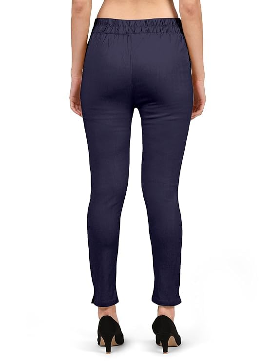 Women's Ankle Length Elastic Waist Cotton Pants, 4 Way Stretchable Slim Fit Casual Pant3