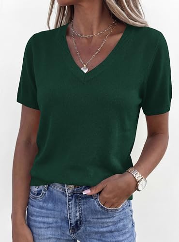 PRETTYGARDEN Womens Short Sleeve Sweaters V Neck Business Casual Tops Lightweight Sweater Shirts 2026 Summer Spring Outfits (Dark Green,XX-Large) — view 6
