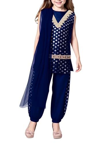 Indian Kurta for Girls with Pants Scarf Metallic Floral Print Dress Suit Kids Embroidery Partywear