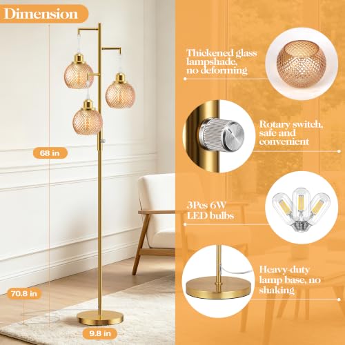 Image of QiMH Glass Floor Lamps for Living Room, Standing Lamp for Bedroom, Amber
